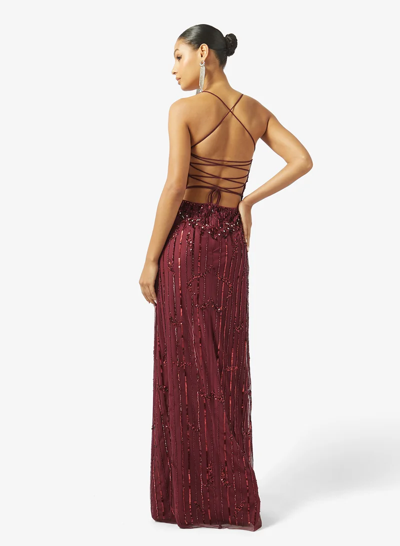 Namshi x Bead Embellished Evening Gown with Slit